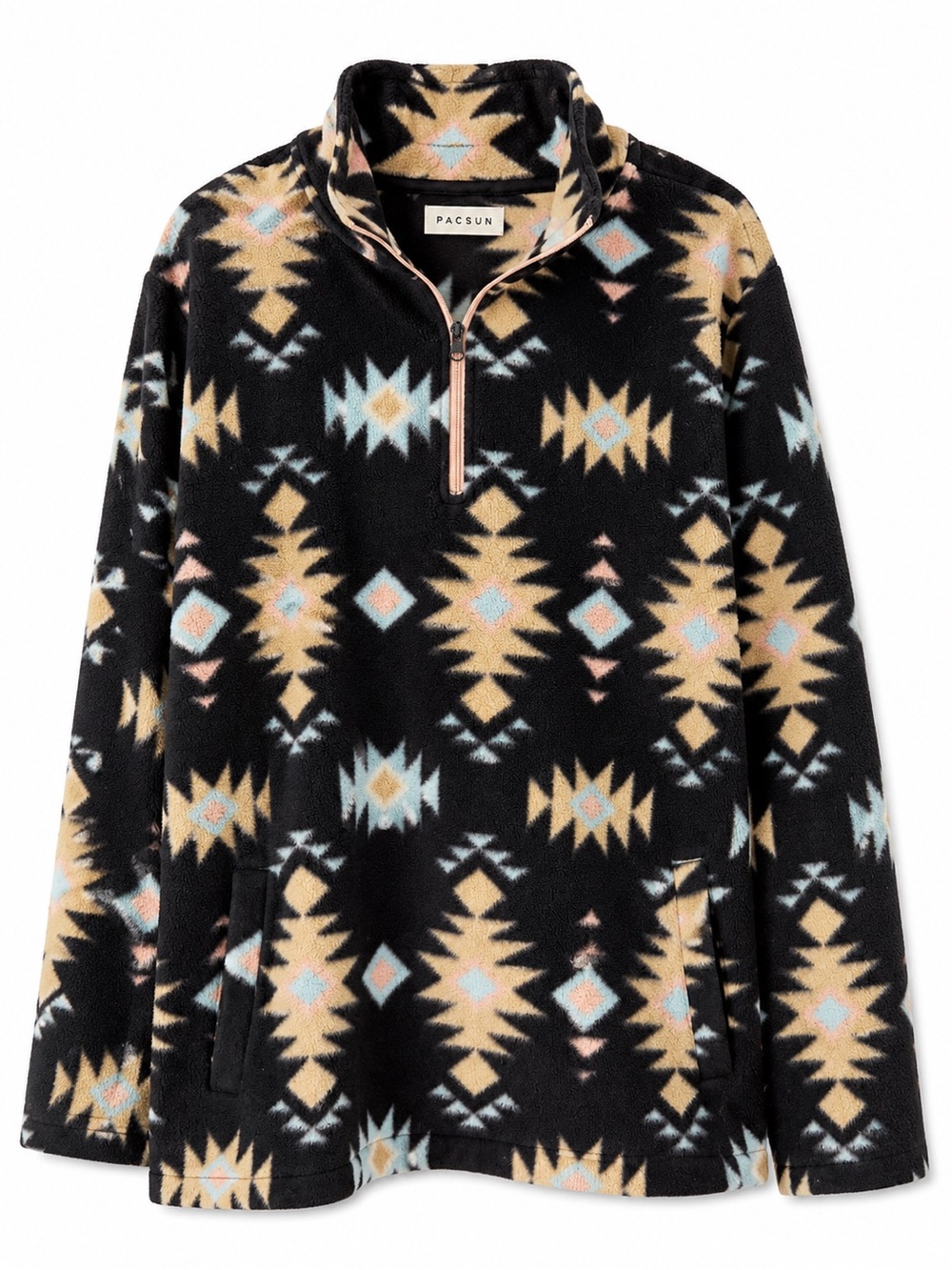 PacSun Women L Black Aztec Southwest Print Sherpa Fleece 1/4 Zip Pullover Jacket